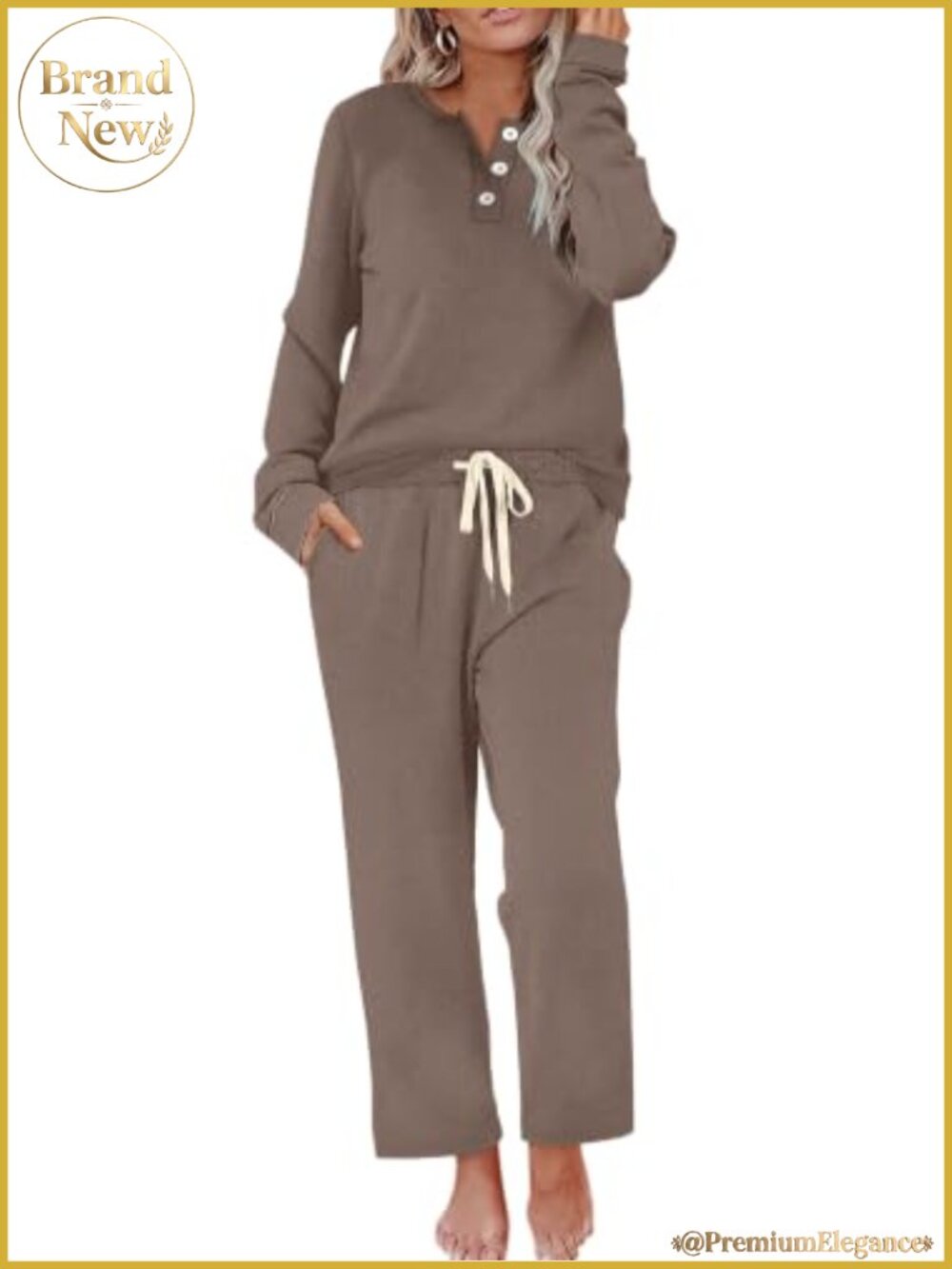 Women's Two Piece Lounge Set Button Down Henley Wide Leg Pants Pockets